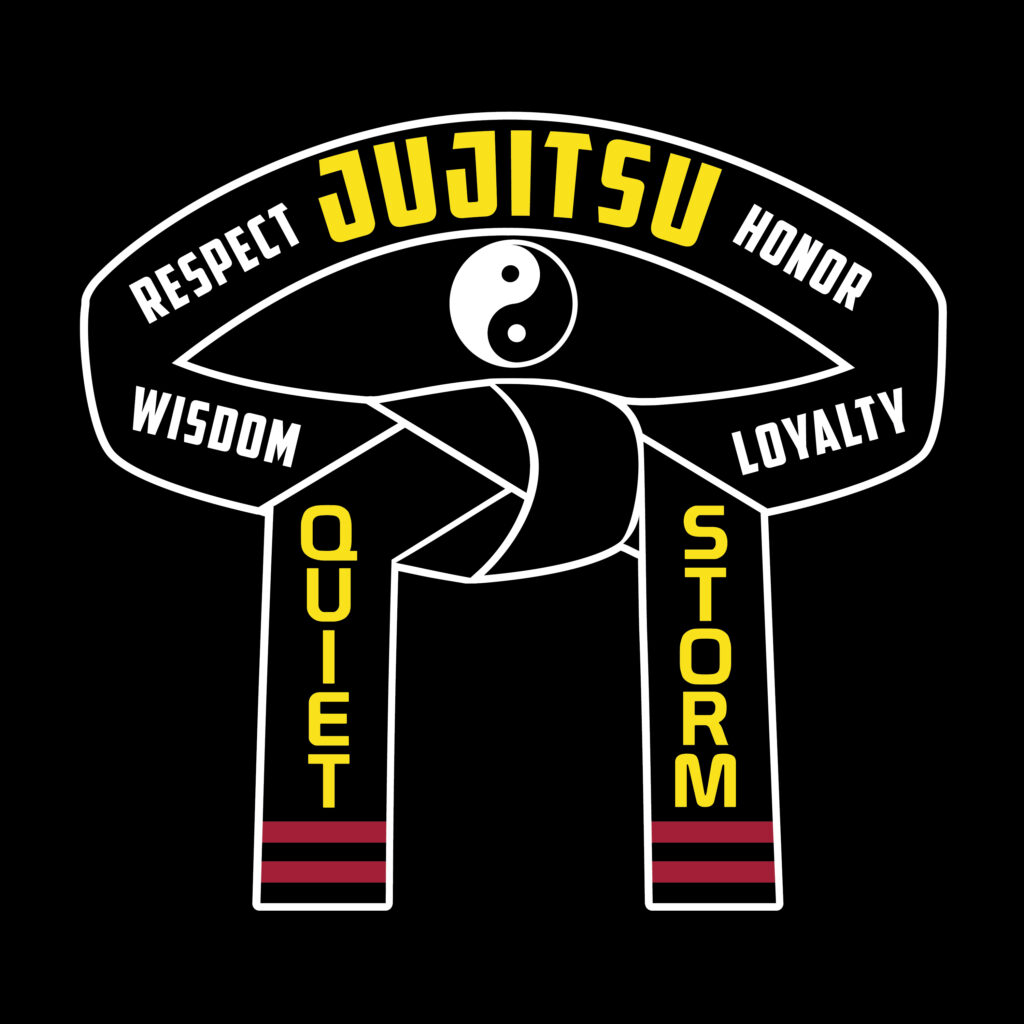 Martial arts logo featuring a tied black belt surrounded by the words Respect, Honor, Wisdom, and Loyalty.